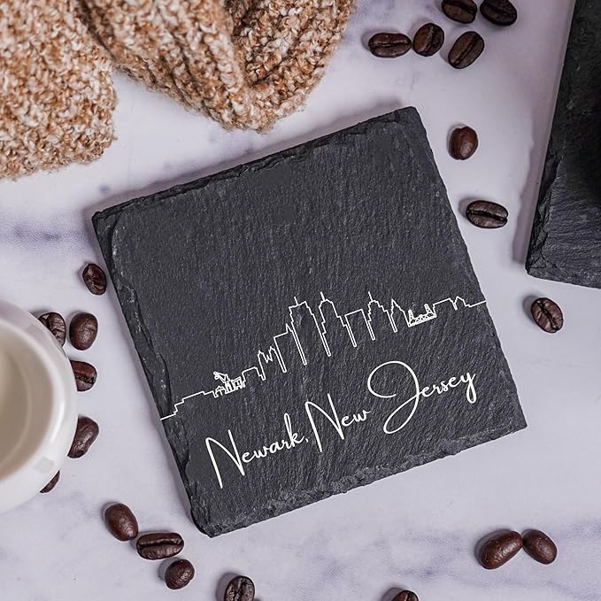 Blue Ridge Mountain Gifts - Newark NJ Skyline Coasters, Set of 4 - Newark New Jersey Souvenir, Slate Coasters with Minimalist Skyline, Housewarming Gift for Friends, Family, & Neighbors