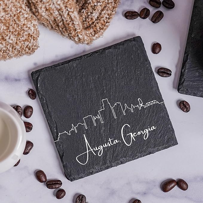 Blue Ridge Mountain Gifts - Augusta GA Skyline Coasters, Set of 4 - Augusta Georgia Souvenir, Slate Coasters with Minimalist Skyline, Housewarming Gift for Friends, Family, & Neighbors