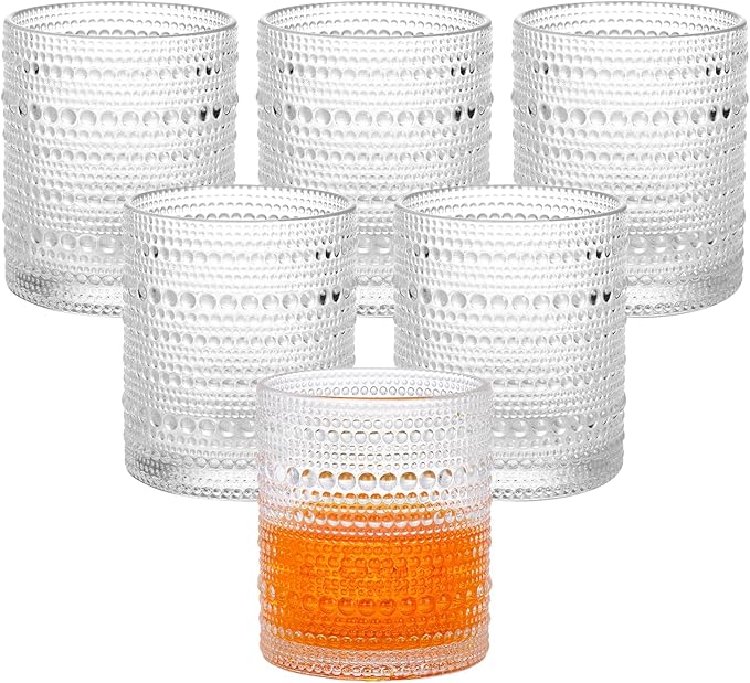 Moretoes Cocktail Glasses 10 oz Hobnail Drinking Glasses Set of 6, Vintage Glassware, Textured Glass Cups Bubble Glasses Water Glasses Old Fashion Jupiter Glasses Set (Clear)