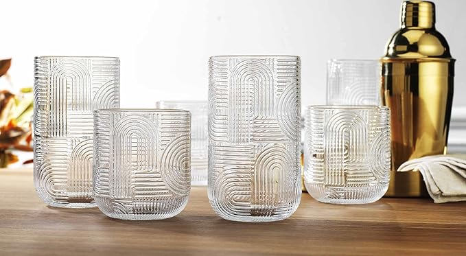 Glaver's Urban 8-Piece Premium Textured Glassware Set. 4 Highball 17oz Drinking Glasses and 4 DOF 13.2 oz Whiskey Glass Tumblers – Elegant Ribbed Arch Textured Design for Water, Juice, Cocktails.
