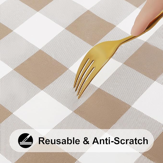Smiry Rectangle Picnic Table Cloth, Elastic Waterproof Fitted Vinyl Tablecloths, Flannel Backed Buffalo Plaid Table Covers for Dining, Camping, Outdoor (White and Khaki, 36" x 60")