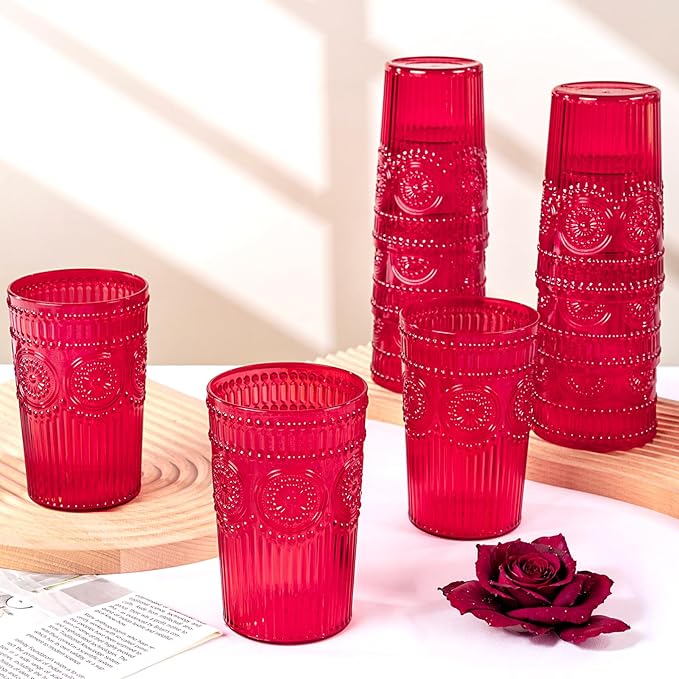 Ciaell 12 Pack Romantic Plastic Water Glasses - 14 Oz Red Vintage Drinking Glasses, Embossed Ribbed Plastic Cups, Textured Striped Set for Juice, Beverages, Beer, Cocktail & Valentine's Day