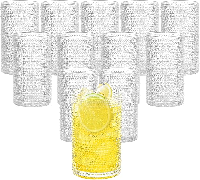 Vintage Hobnail Drinking Glasses Set of 12, 15oz Textured Tumblers - Embossed Clear Bar Glasses for Cocktails, Beer, Whiskey, Dishwasher-Safe Highball Cups for Kitchen, Juice & Mixed Drinks