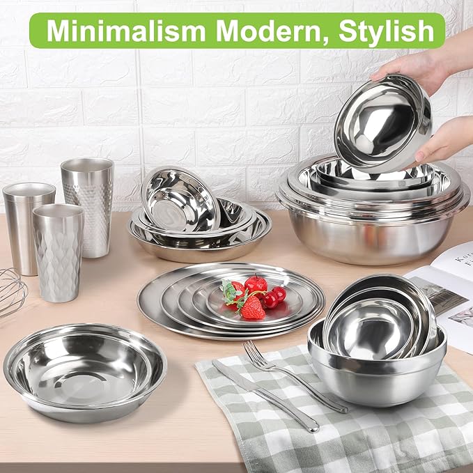 Stainless Steel Bowls Bulk, 20 Pack 5.1in 15.9oz 470ml Mini Small SUS304 Double Wall Insulated Stackable Metal Eating Bowl Containers for Restaurant Serving Snacks Ice Cream Soup Cereal Rice