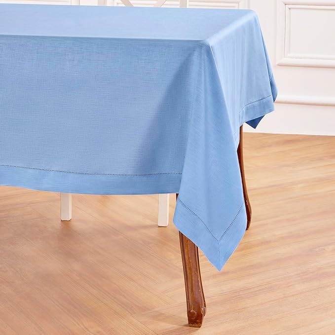 Solino Home Cornflower Blue Linen Tablecloth 60 x 120 Inch - 100% Pure Linen Hemstitch Table Cloth for Rectangle Tables - Classic Hemstitch, Washable Tablecloth for Spring, Easter