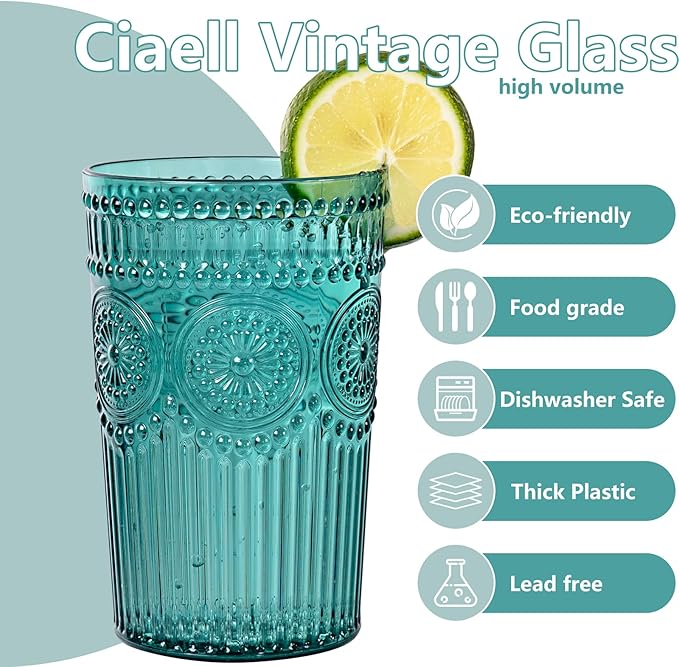 Ciaell 12 Pack Romantic Plastic Water Glasses - 14 Oz Green Vintage Drinking Glasses, Embossed Ribbed Plastic Cups, Textured Striped Set for Juice, Beverages, Beer, Cocktail