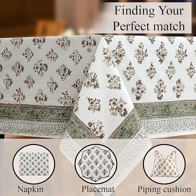 CPC Tablecloth 100% Cotton 70x108 Inch Indian Block Print Rectangle Table Cover, Green Table Cloth for Weddings, Spring/Summer Barbeque - Forest Green
