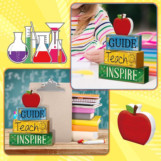 4 Pcs Back to School Table Decoration Apple Tiered Tray Decor End of School Year Teacher Appreciation Gift Decorative Apple Block Sign Centerpiece First Day Decor for Office Classroom