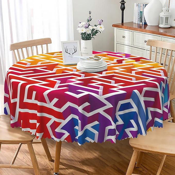 Laeacco 60 Inch Maze Round Tablecloth Colorful Labyrinth Texture Modern Geometric Abstract Art Print Table Cloth Washable Waterproof Wrinkle Free Table Cover for Kitchen Dining Picnic Party Decor
