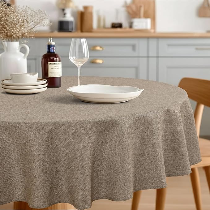 JIUZHEN Round Table Cloth Faux Linen Farmhouse Tablecloth Wrinkle & Stain Resistant Table Cover for Kitchen Dining, Holiday Party Dinner, Khaki, 60 Inch Round