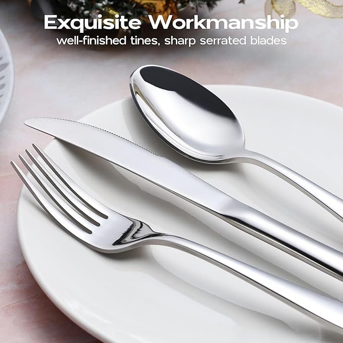 Onader 65 Piece Heavy Duty Silverware Set with Serving Pieces, Stainless Steel Cutlery Flatware Set for 12
