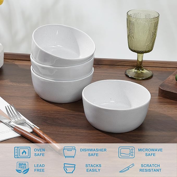 6inch Ceramic Bowl Sets,Stoneware Kitchen Bowl,Porcelain Bowls Set of 4 for Soup, Cereal, Oatmeal, Fruit, Rice - Dishwasher & Microwave Safe,White