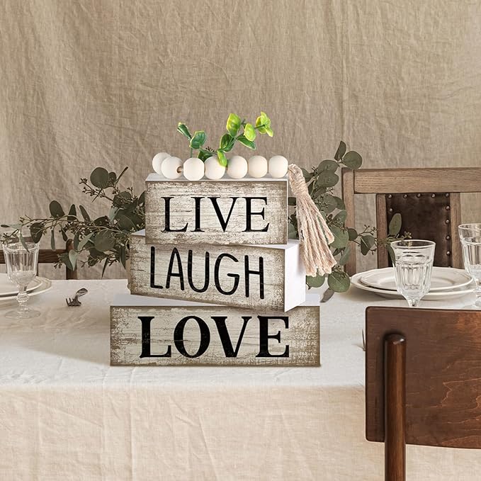 5 Pcs Rustic Farmhouse Tiered Tray Farmhouse Fake Books Decoration Life Laugh Love Wooden Tabletop Decor Love Block Decor Wood Block Sign Gift Centerpiece for Shelf Coffee Mantle Kitchen Table