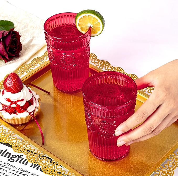 Ciaell 12 Pack Romantic Plastic Water Glasses - 14 Oz Red Vintage Drinking Glasses, Embossed Ribbed Plastic Cups, Textured Striped Set for Juice, Beverages, Beer, Cocktail & Valentine's Day