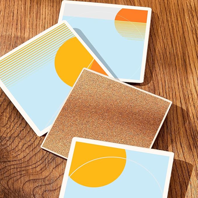 MAYCARI Abstract Sun Coasters Set of 6 Cork Backed Artistic Coasters with Metal Holder Minimalist Aesthetic Ceramic Surface Drink Cup Mats for Tabletop Protection Modern Desk Decoration Birthday Gifts