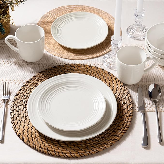 Famiware Plates and Bowls Sets 24-Piece Stoneware Dinnerware Sets, Dishes Set for 8, Speckled Hand-made Reactive Glaze Dish Set, Twilight Series, White