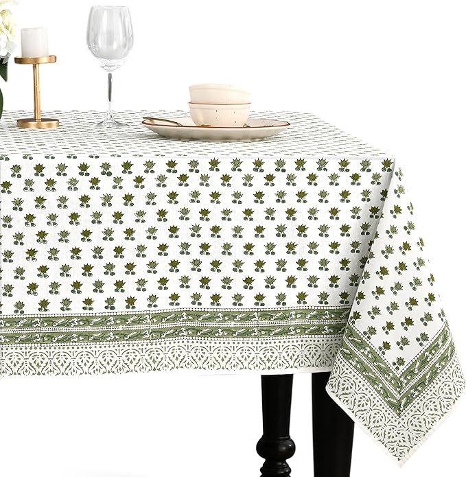 CPC Lotus Meadow Tablecloth 100% Cotton 70x118 Inch Indian Block Print Rectangle Table Cover, Table Cloth for Gifting in Weddings, Halloween, Fall, Christmas, Thanksgiving