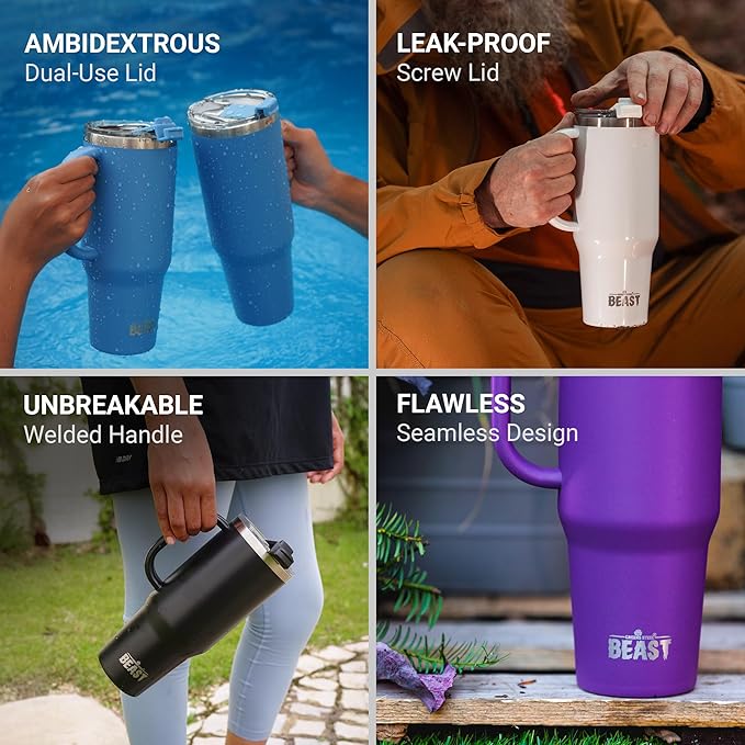 50oz Tumbler with Handle and Straw - Large Insulated Travel Mug for Water, Hot and Iced Coffee - Leak Resistant Stainless Steel Insulated Tumbler with Lid - Gifts for Mom, Women and Men (Matte Black)