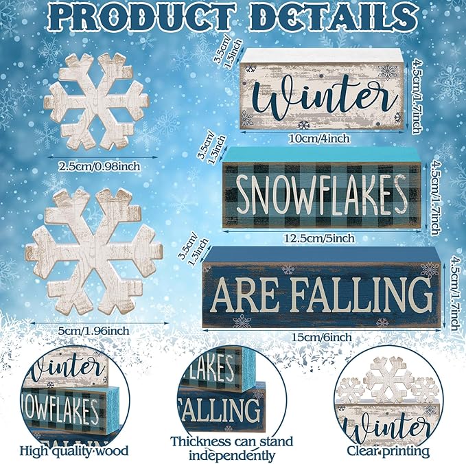 6 Pcs Winter Snowflakes Table Decorations Christmas Snowflake Centerpieces for Tables Winter Tiered Tray Decor Rustic Wood Snow Sign Farmhouse for Wonderland Party Kitchen Shelf Home