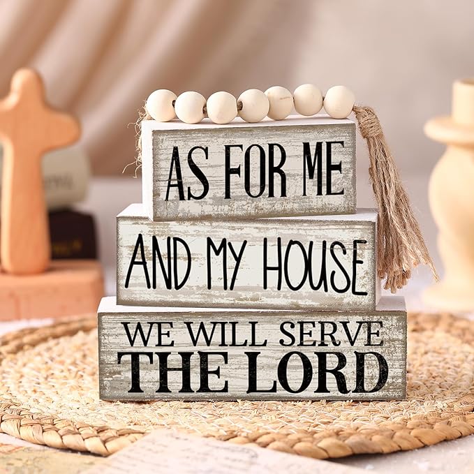 4 Pcs Farmhouse Bible Verse Decor Farmhouse Tiered Tray Decor Rustic Retro Wood Bead Garlands for Me and My House We Will Serve the Lord Block Christian Jesus Sign for Home Shelf Mantel