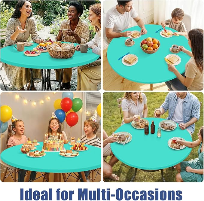 Round Spandex Tablecloth, Elastic Fitted Waterproof Tablecloths for 36"-44" Tables, Stretch Washable Picnic Table Cover for Camping, Dining, Indoor and Outdoor,Aqua Blue