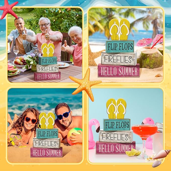 4 Pcs Summer Table Decorations Wooden Sign Flip Flops Table Centerpiece Summer Tiered Tray Decor Decorative Faux Book Stack Block for Coffee Fireplace Mantel Floating Shelf Hawaii