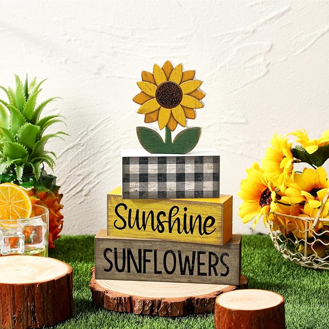 4 Pcs Sunflower Decorations Sunflower Wooden Sign Sunshine Table Centerpiece Summer Tiered Tray Decor Decorative Faux Book Stack Block for Coffee Table Fireplace Mantel Floating Shelf