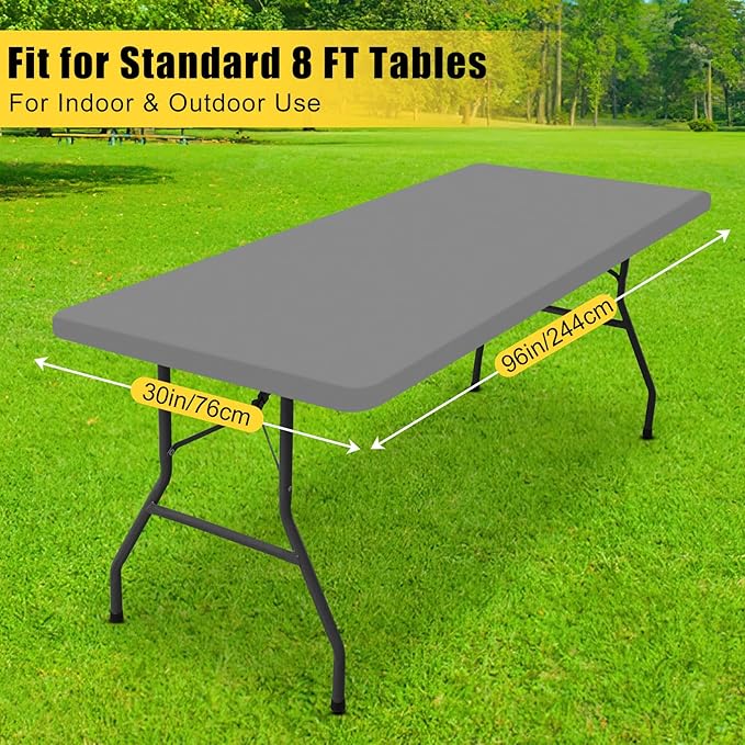 Smiry Rectangle Tablecloth, Elastic Fitted Flannel Backed Vinyl Tablecloths for 8ft Folding Tables, Waterproof Wipeable Table Covers for Indoor, Outdoor, Picnic and Camping (Grey, 30"x96")