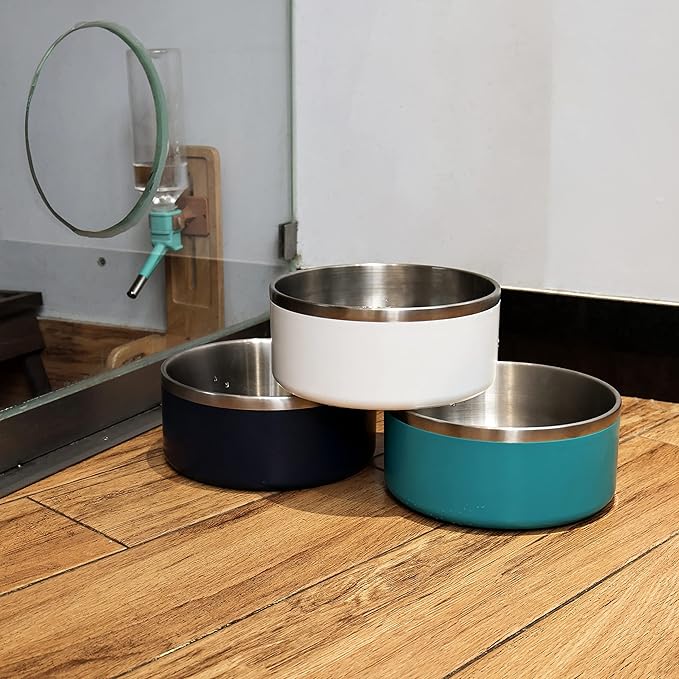 IKITCHEN Dog Bowl for Food and Water, 40 Oz Stainless Steel Pet Feeding Bowl, Durable Non-Skid Double Wall Insulated Heavy Duty with Rubber Bottom for Medium Large Dogs (40 Ounces/5 Cup, White)