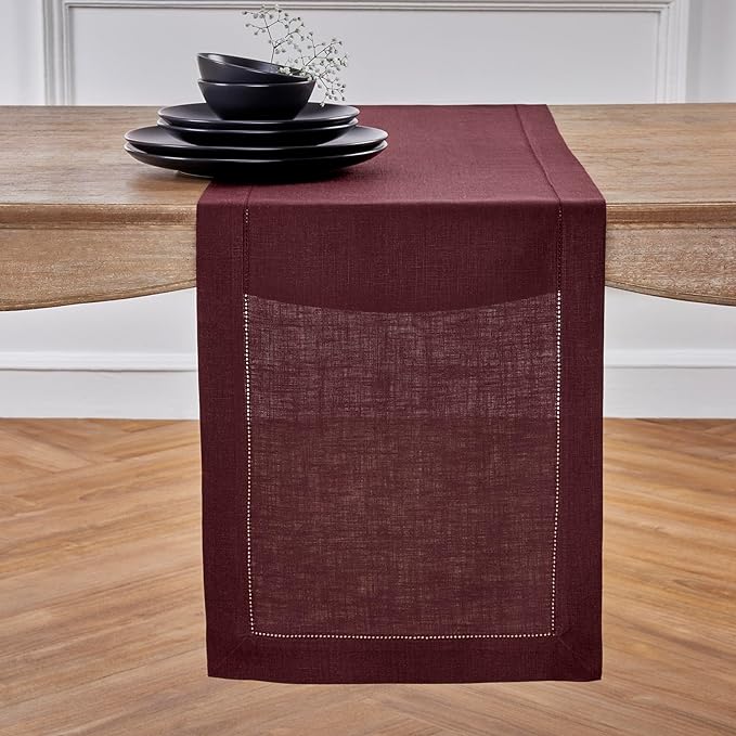 Solino Home Linen Burgundy Table Runner 120 Inches Long - 100% Pure Linen 14 x 120 Inch Table Runner for Valentines, Winter - Classic Hemstitch