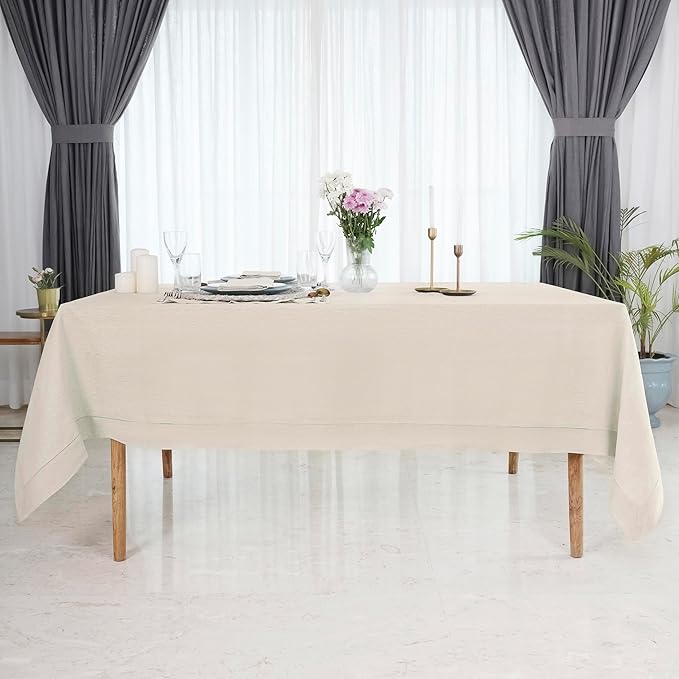 D'Moksha Homes Light Natural Linen Tablecloth for Rectangle Tables 60 x 102 Inch - Classic Hemstitch 100% Pure Linen Natural Table Cloth - Machine Washable Dining Tablecloth for Valentines, Easter