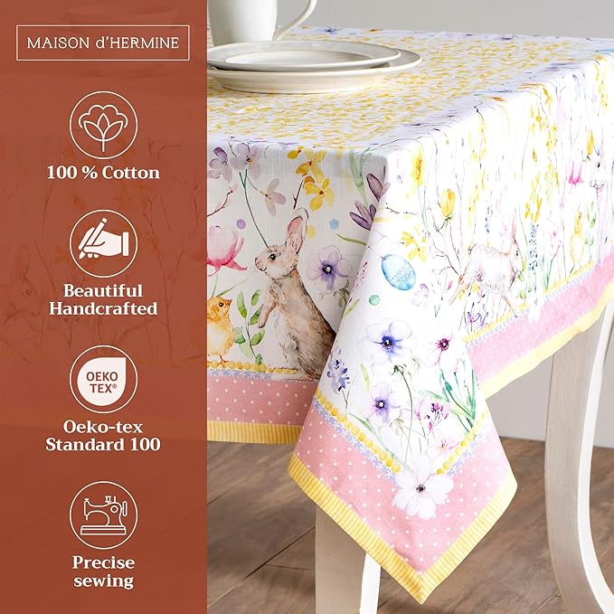 Maison d' Hermine Table Cloth Rectangle Table 100% Cotton 70 x 120 Inches Tablecloth Reusable Decorative for Dining Room Farmhouse Home Valentines Day Decorations Spring Summer - Easter Zest