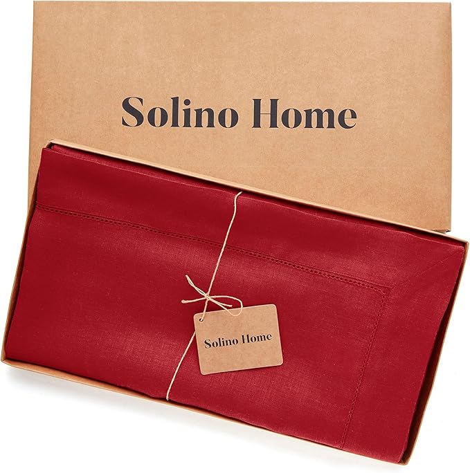 Solino Home Linen Tablecloth for Rectangle Tables 60 x 156 Inch - Classic Hemstitch 100% Pure Linen Red Table Cloth - Machine Washable Cloth Tablecloth for Valentines