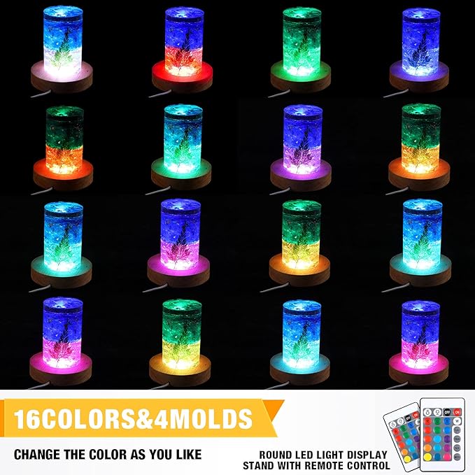 2 Pcs Light LED Base Wood LED Display Base for Glass Art Valentine Decor Crystal Acrylic Resin, 16 Colored USB Light with Remote Wooden Round Lamp Stand for 3D Crystal Ball Room Home Decor(Wood Color)