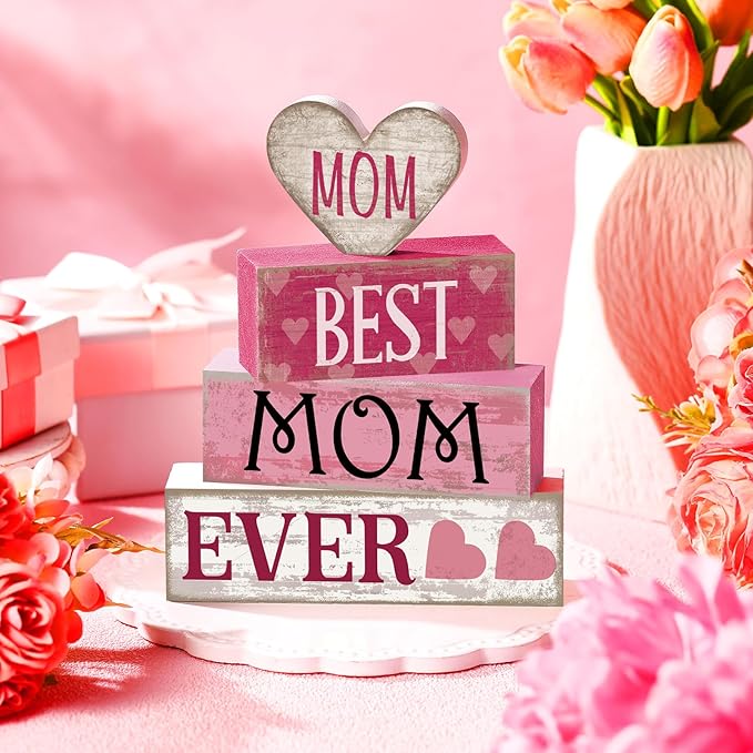 4 Pcs Mothers Day Table Decorations Mothers Day Tiered Tray Decor Mom Wooden Sign Mothers Day Centerpiece Decorative Faux Book Stack Block for Coffee Table Fireplace Mantel Floating Shelf