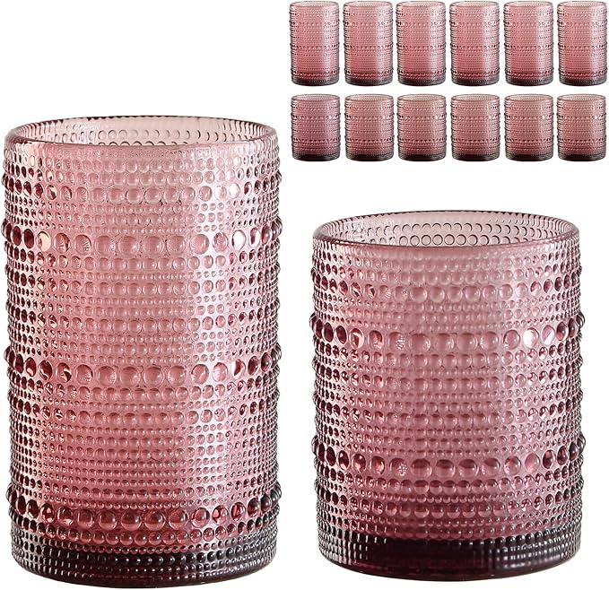 Vintage Glassware Drinking Glasses Set of 12,Purple 12oz & 15oz Hobnail Glass Cups,Embossed Water Tumbler,for Beer,Cocktail,Whiskey,Juice and Various Mixed Drinks- 1 Cleaning Brush