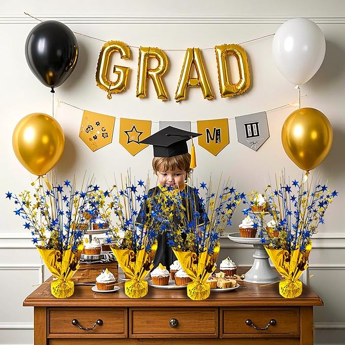 6 Pack 2026 Graduation Table Centerpiece Party Decoration Metallic Foil Spray Centerpiece Glitter Decor Star Tabletop for Graduation New Year Birthday Holiday Party Favor, Blue and Gold