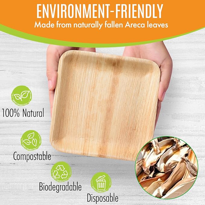 Raj Palm Leaf Plates Bulk [50-Pack] 6" Square Plates(40 CASES - 2000 PACK) like Bamboo plates Disposable, Strong, Decorative Compostable Tableware for weddings, Lunch, Dinner, Birthday,Outdoor
