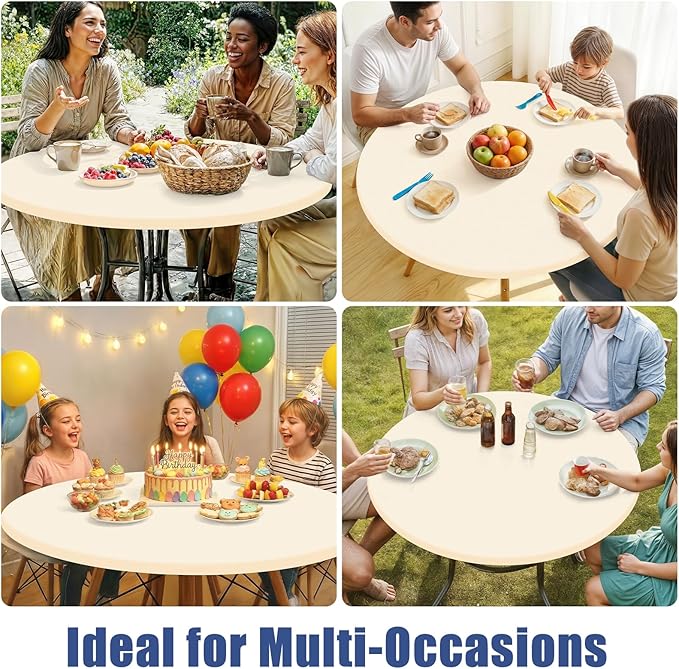 Round Spandex Tablecloth, Elastic Fitted Waterproof Tablecloths for 45"-56" Tables, Stretch Washable Picnic Table Cover for Camping, Dining, Indoor and Outdoor, Beige