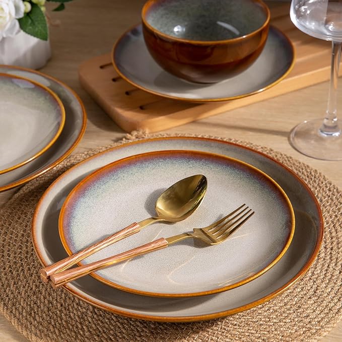 LeRatio Ceramic Dinnerware Sets for 6,18-Piece Plates and Bowls,Handmade Reactive Glaze Dishes Set,Chip Resistant and Scratch Resistant | Oven Dishwasher & Microwave Safe,Service for 6-Kahki