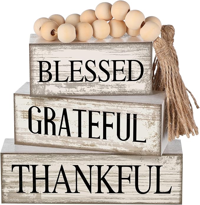 4 Pcs Farmhouse Wooden Tabletop Decor Farmhouse Tiered Tray Decor Rustic Retro Wood Bead Garland Blessed Grateful Thankful Block Sign Neutral Centerpiece Sign for Home Office Shelf Mantle