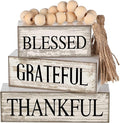 4 Pcs Farmhouse Wooden Tabletop Decor Farmhouse Tiered Tray Decor Rustic Retro Wood Bead Garland Blessed Grateful Thankful Block Sign Neutral Centerpiece Sign for Home Office Shelf Mantle