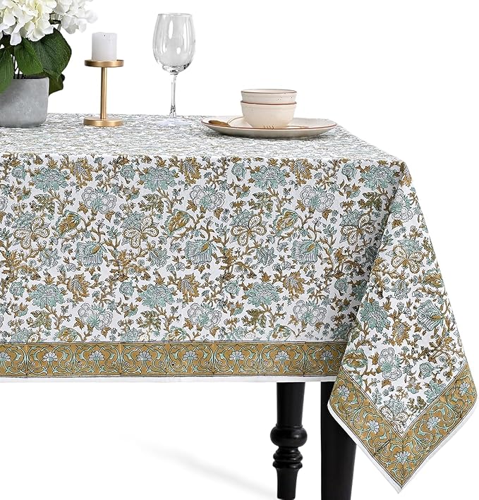 CPC Tablecloth 100% Cotton 80x120 Inch Indian Block Print Rectangle Table Cover, Blue Table Cloth for Weddings, Spring/Summer, Barbeque -Harvest Bloom