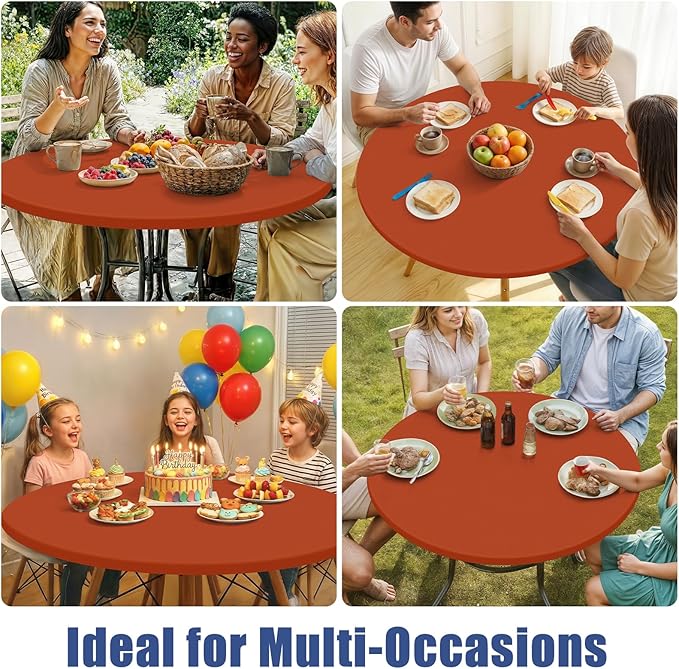 Round Spandex Tablecloth, Elastic Fitted Waterproof Tablecloths for 45"-56" Tables, Stretch Washable Picnic Table Cover for Camping, Dining, Indoor and Outdoor, Rust