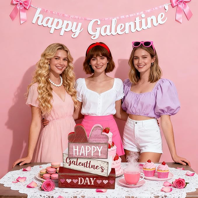 5 Pcs Happy Galentines Day Decorations Wooden Hearts Table Centerpiece Happy Galentines Day Party Table Sign for Valentines Tiered Tray Desk Mantle Shelf Decor