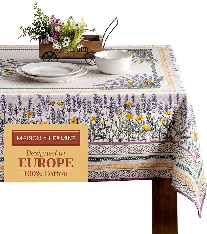 Maison d' Hermine Table Cloth Square Table 100% Cotton 60 x 60 Inches Tablecloth Reusable Decorative for Dining Room Farmhouse Home Valentines Day Decorations Spring Summer - Fanny Lavender