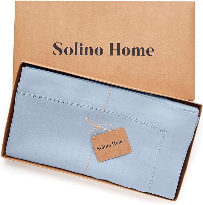Solino Home Sky Blue Linen Tablecloth 54 x 72 Inch - 100% Pure Linen Hemstitch Table Cloth for Rectangle Tables - Classic Hemstitch, Machine Washable Tablecloth for Spring, Easter