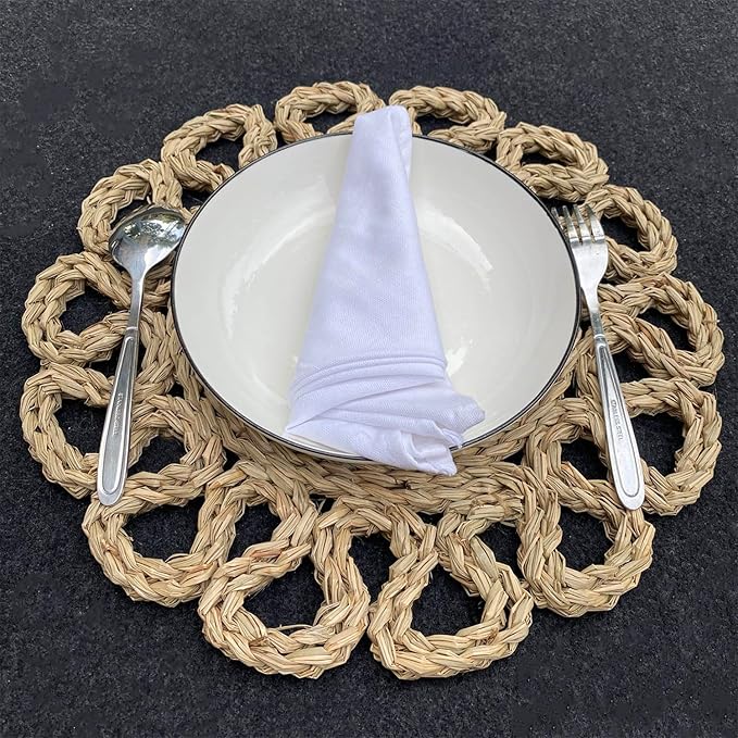 13.8" Set of 10 Round Seagrass Placemats | Boho Woven Rattan Table Mats | Farmhouse Wicker Spring Plate Chargers Like Water Hyacinth, Seagrass for Wedding, Party, Christmas, Events