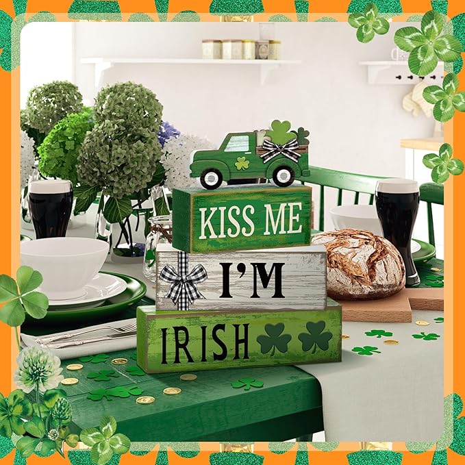 4 Pcs St Patricks Day Decorations Lucky Shamrock Wooden Sign Truck Table Centerpiece St Patricks Day Tiered Tray Decor Decorative Faux Book Stack Block for Fireplace Mantel Floating Shelf