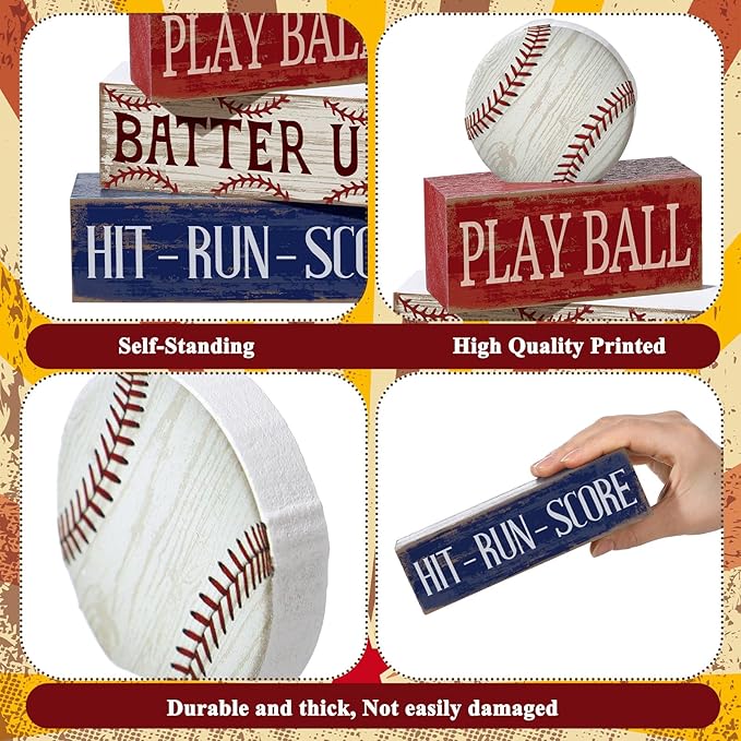 4 Pcs Baseball Decorations Sports Wooden Sign Baseball Centerpieces for Tables Tiered Tray Decor Decorative Mini Faux Book Stack Block for Bedroom Boys Room Party Coffee Mantel Shelf